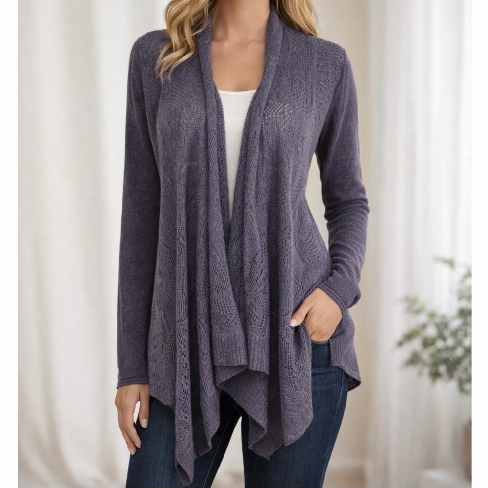 Eileen Fisher 100% Merino Wool Pointelle Lace Waterfall Cardigsn in Purple/Gray